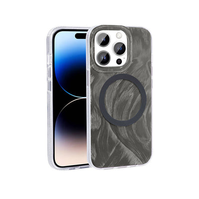 Apple iPhone 14 Pro Max Kılıf M-safe Şarj Özellikli Fırça Boya Desenli Zore Palet Kapak Gri