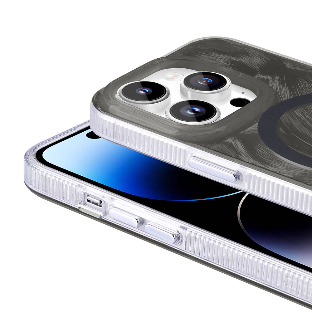 Apple iPhone 14 Pro Max Kılıf M-safe Şarj Özellikli Fırça Boya Desenli Zore Palet Kapak Mor
