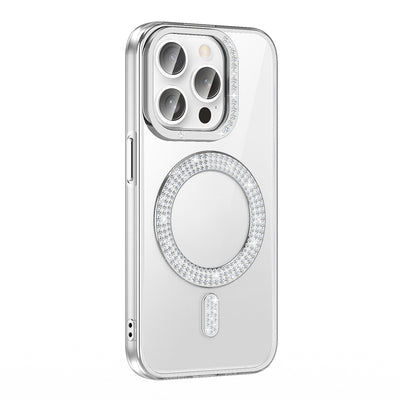 Apple iPhone 14 Pro Max Kılıf Pırlanta Taş Tasarımlı M-safe Şarj Özellikli Zore Karetta Silikon Kapak Mor