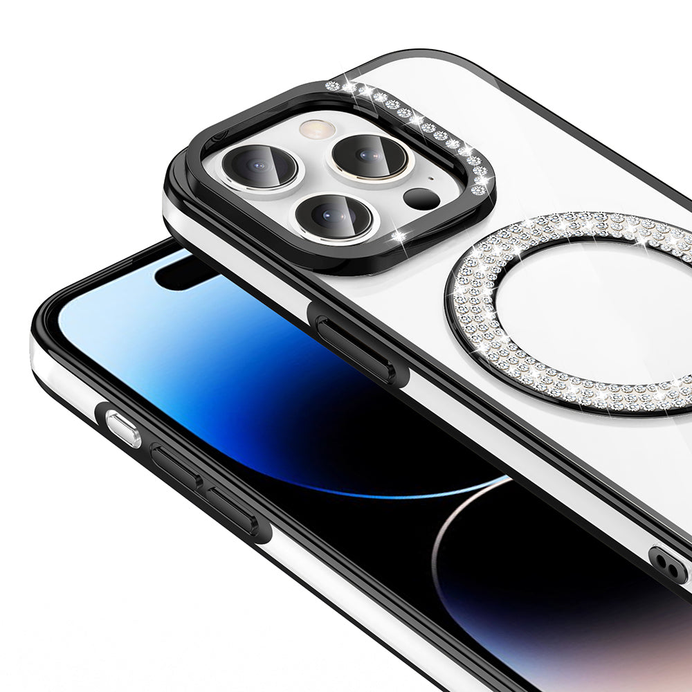 Apple iPhone 14 Pro Max Kılıf Pırlanta Taş Tasarımlı M-safe Şarj Özellikli Zore Karetta Silikon Kapak Gold