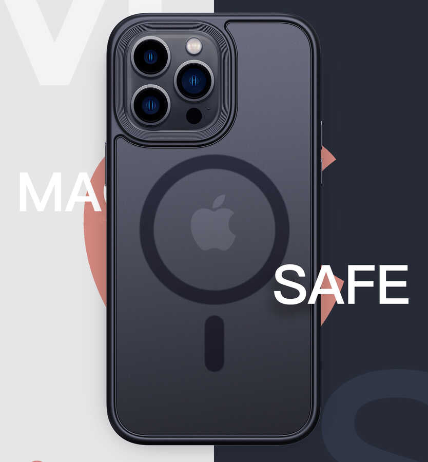 Apple iPhone 14 Pro Max Kılıf Wireless Şarj Özellikli Zore Hibrit M-safe Kapak Mavi