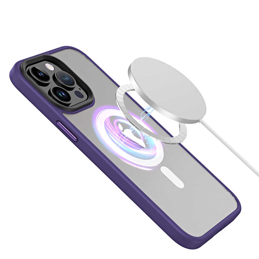 Apple iPhone 14 Pro Max Kılıf Wireless Şarj Özellikli Zore Hibrit M-safe Kapak Gri