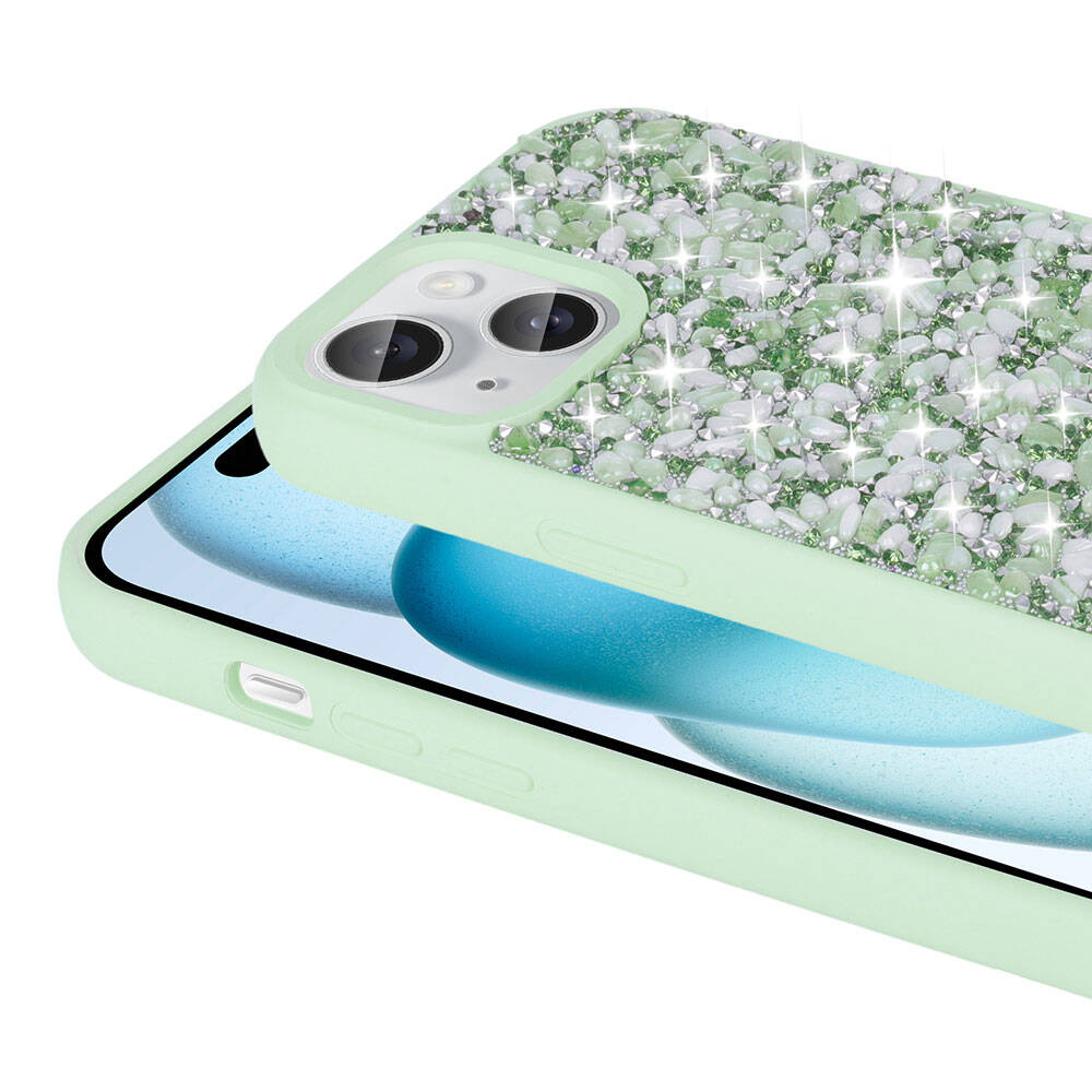 Apple iPhone 15 Kılıf Parlak Taşlı Tasarım Zore Linea Diamond Kapak Açık Yeşil