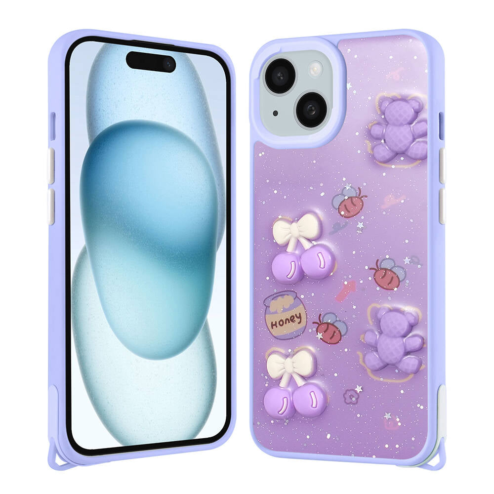 Apple iPhone 15 Kılıf Parlayan Simli Kabartma Figürlü Zore Cevze Kapak Yeşil