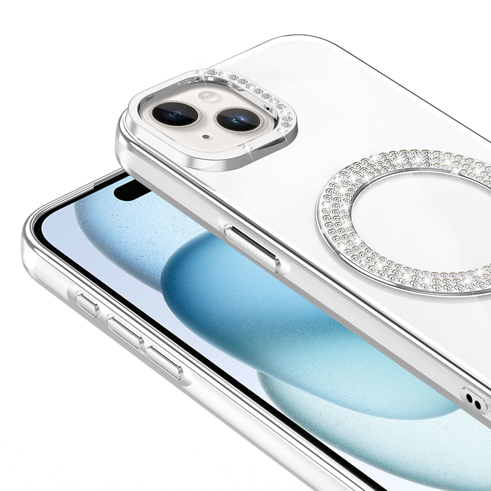 Apple iPhone 15 Kılıf Pırlanta Taş Tasarımlı M-safe Şarj Özellikli Zore Karetta Silikon Kapak Rose Gold