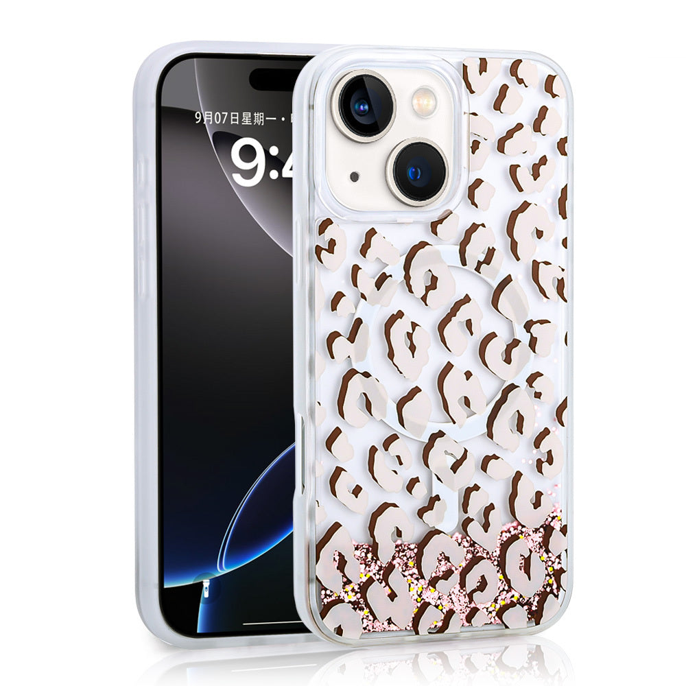 Apple iPhone 15 Kılıf Sıvılı Simli Baskılı Şeffaf Arka Yüzey Zore Mossa Silikon Kapak Gri