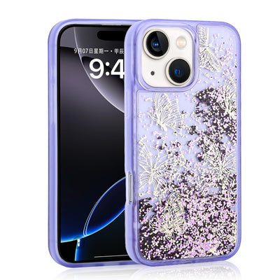 Apple iPhone 15 Kılıf Sıvılı Simli Kelebek Baskılı Şeffaf Arka Yüzey Zore Glis Silikon Kapak Siyah