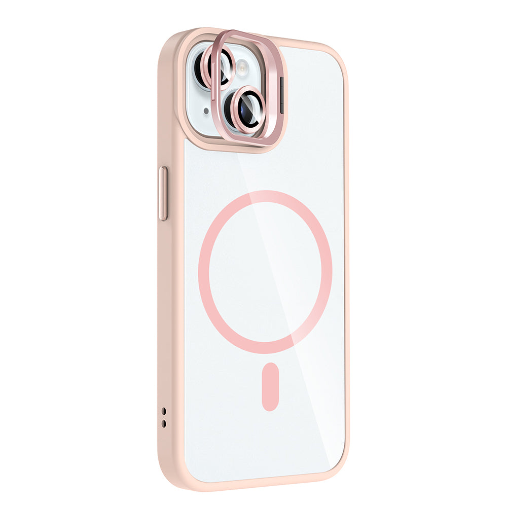 Apple iPhone 15 Kılıf Standlı ve Kamera Lens Hediyeli M-Safe Şarj Özellikli Zore Etro Kapak Pembe