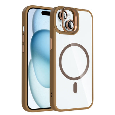 Apple iPhone 15 Kılıf Standlı ve Kamera Lens Hediyeli M-Safe Şarj Özellikli Zore Etro Kapak Gri