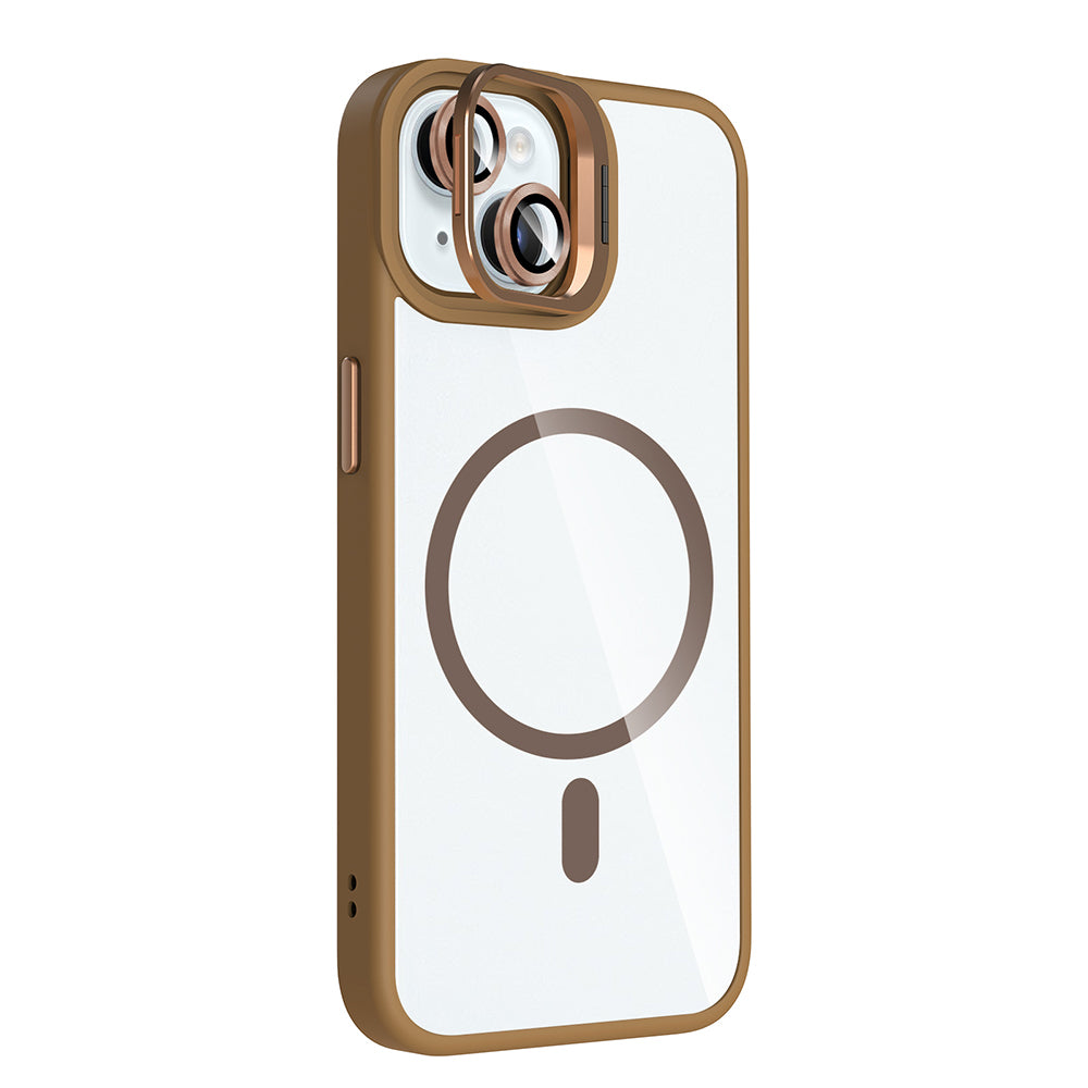 Apple iPhone 15 Kılıf Standlı ve Kamera Lens Hediyeli M-Safe Şarj Özellikli Zore Etro Kapak Pembe