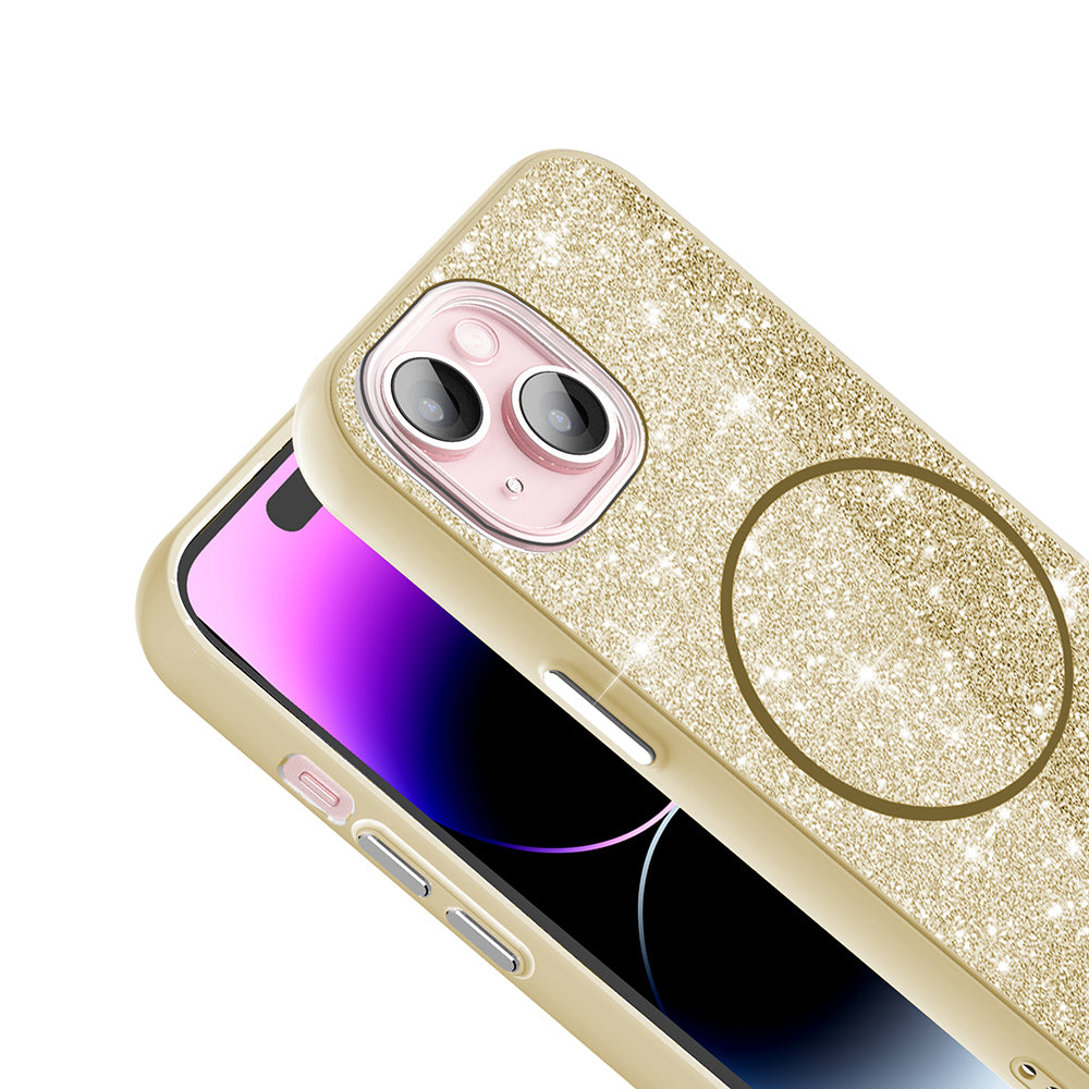 Apple iPhone 15 Plus Kılıf M-safe Şarj Özellikli Parlayan Simli Zore Okso Kapak Gold