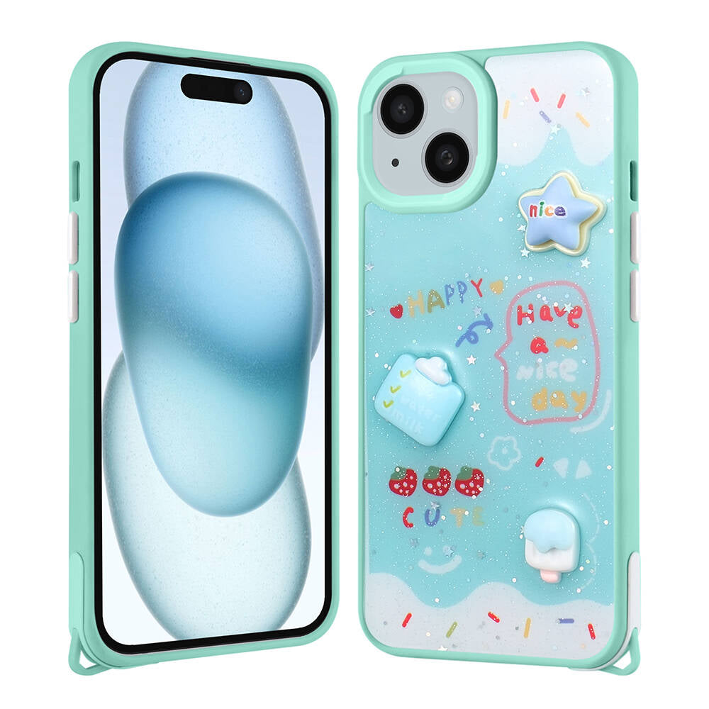 Apple iPhone 15 Plus Kılıf Parlayan Simli Kabartma Figürlü Zore Cevze Kapak Mor Ayı