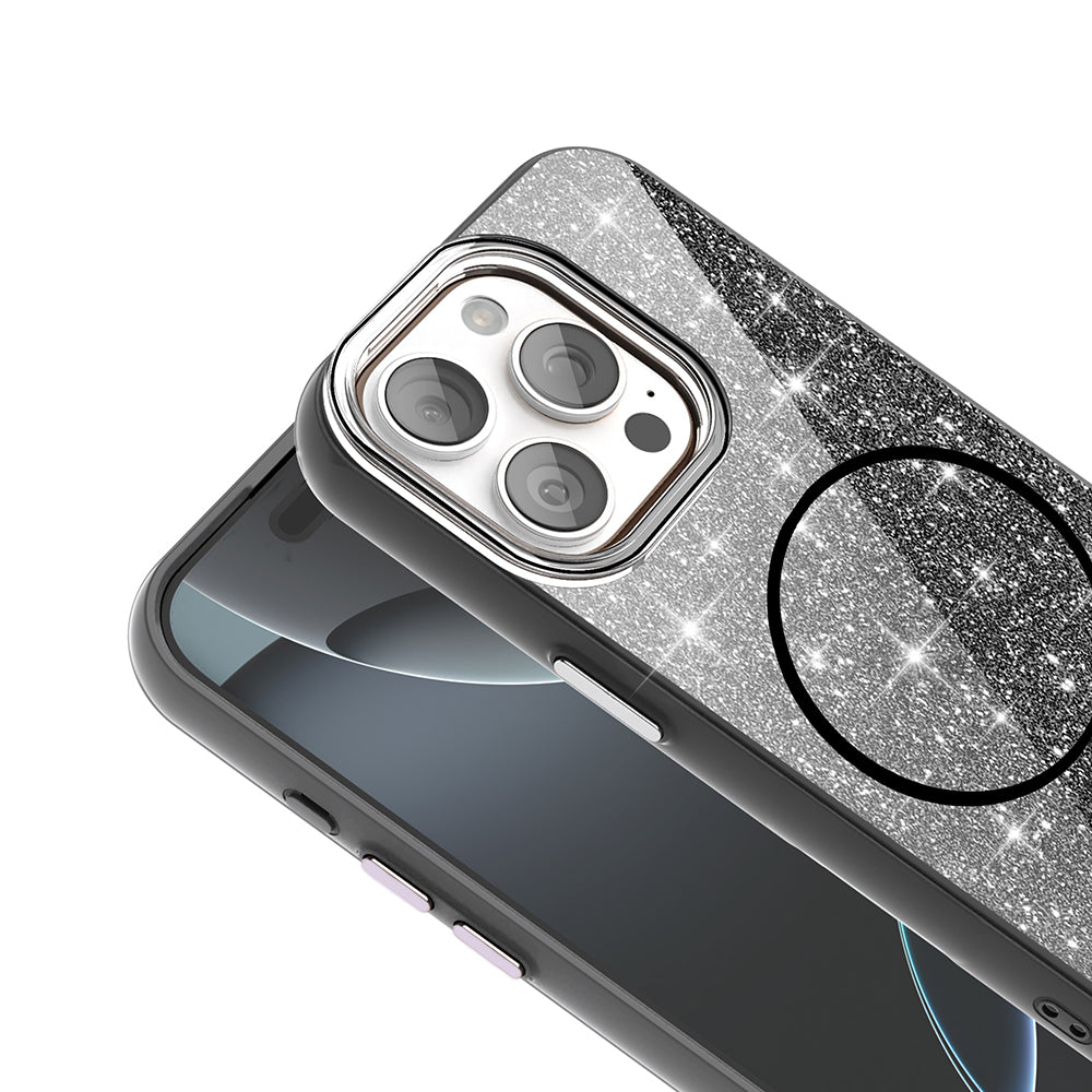 Apple iPhone 15 Pro Kılıf M-safe Şarj Özellikli Parlayan Simli Zore Okso Kapak Siyah