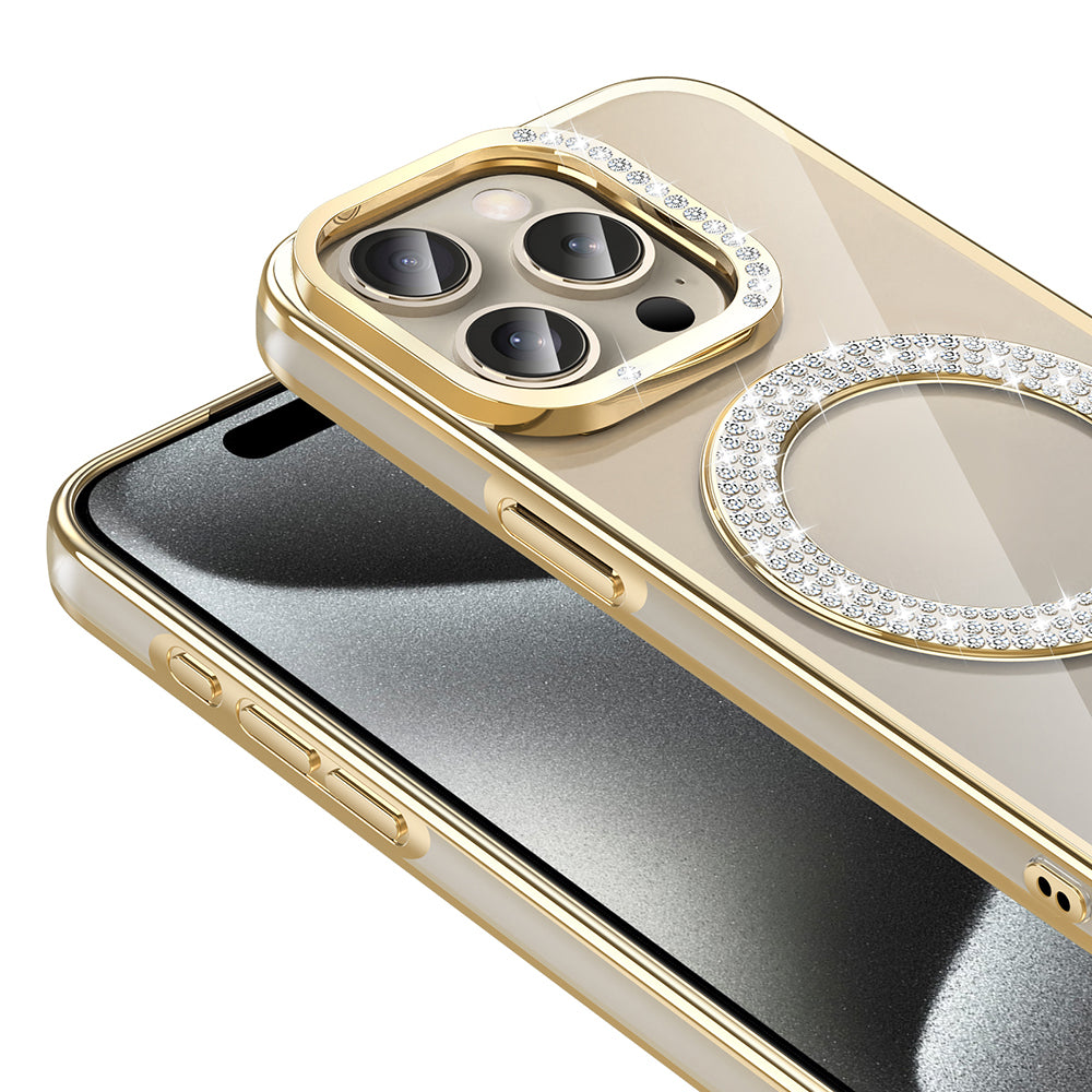 Apple iPhone 15 Pro Kılıf Pırlanta Taş Tasarımlı M-safe Şarj Özellikli Zore Karetta Silikon Kapak Rose Gold