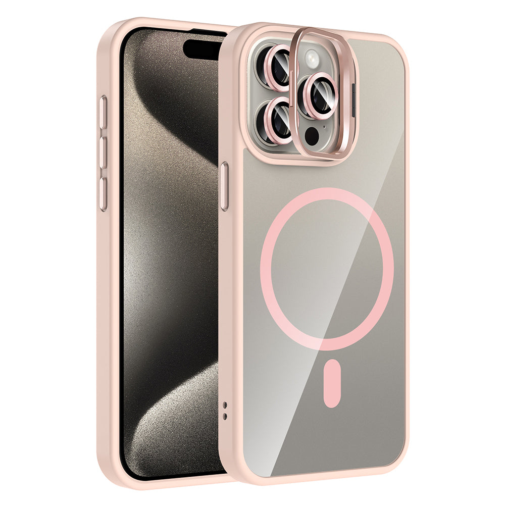 Apple iPhone 15 Pro Kılıf Standlı ve Kamera Lens Hediyeli M-Safe Şarj Özellikli Zore Etro Kapak Gri