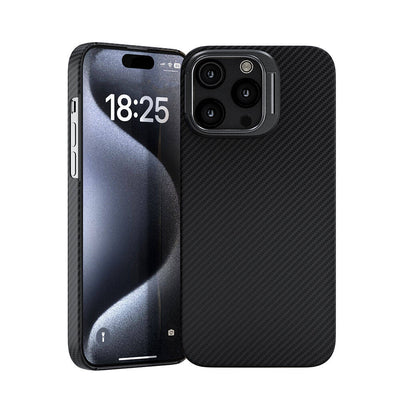 Apple iPhone 15 Pro Max Kılıf M-safe Şarj Özellikli 600D Kevlar Zore Krek Karbon Standlı Kapak Siyah