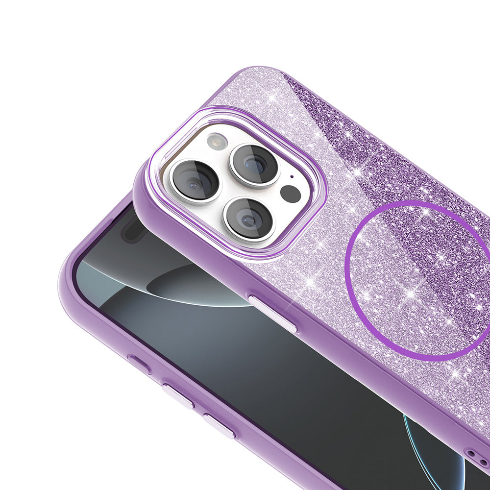 Apple iPhone 15 Pro Max Kılıf M-safe Şarj Özellikli Parlayan Simli Zore Okso Kapak Pembe