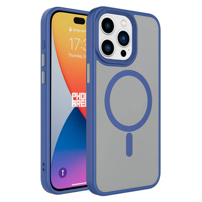 Apple iPhone 15 Pro Max Kılıf Mat Arka Yüzey Wireless Şarj Özellikli Zore Flet M-safe Kapak Mavi