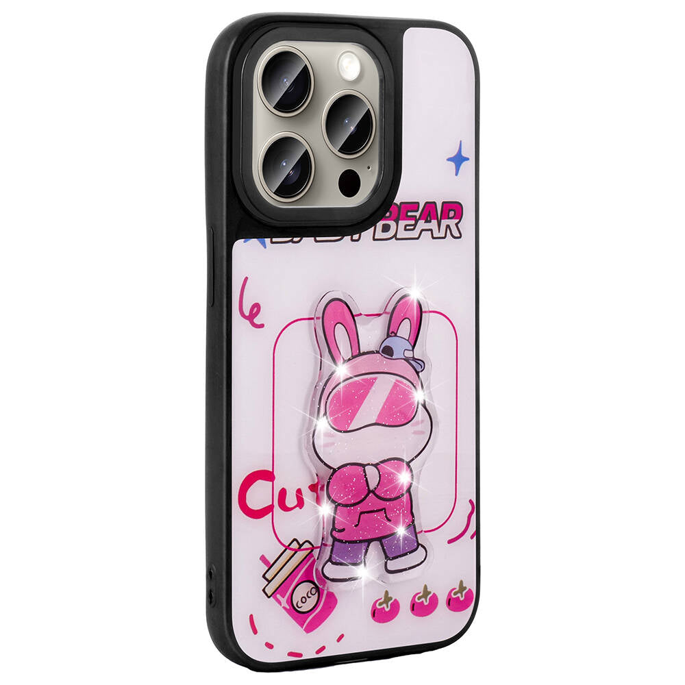 Apple iPhone 15 Pro Max Kılıf Parlayan Kabartmalı İkonik Figürlü Zore Amas Silikon Kapak Mor