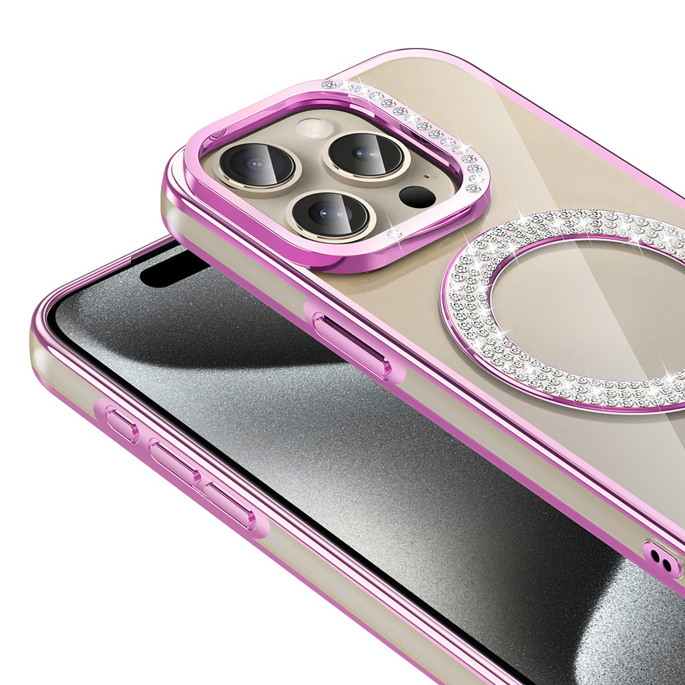 Apple iPhone 15 Pro Max Kılıf Pırlanta Taş Tasarımlı M-safe Şarj Özellikli Zore Karetta Silikon Kapak Gümüş