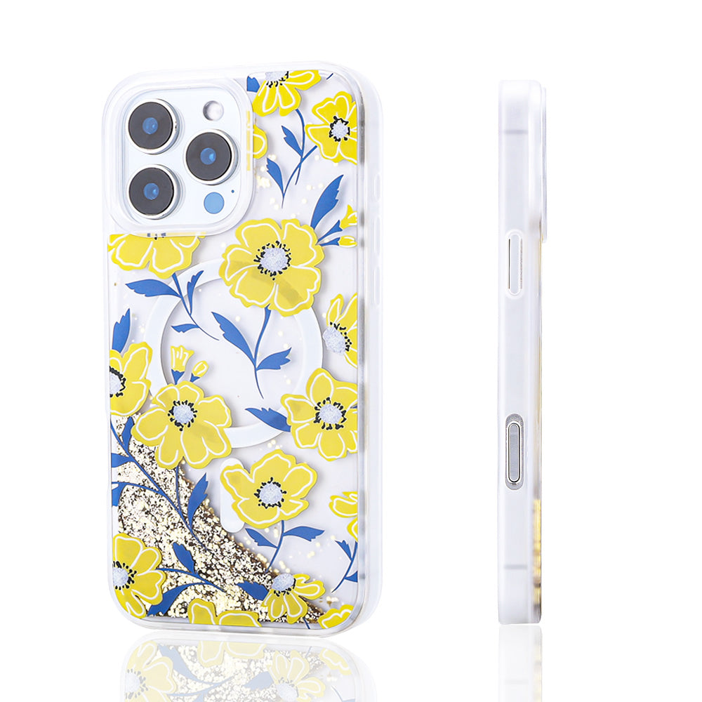 Apple iPhone 15 Pro Max Kılıf Sıvılı Simli Baskılı Şeffaf Arka Yüzey Zore Mossa Silikon Kapak Gold