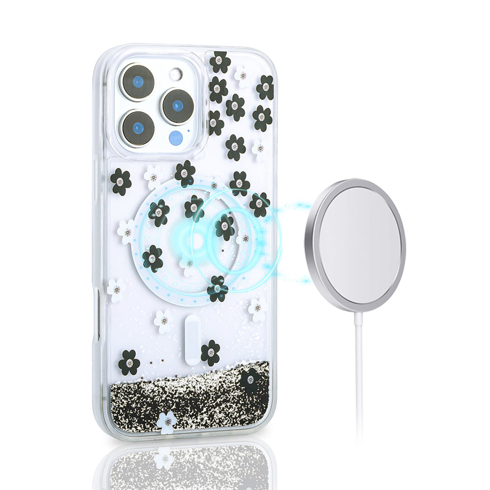 Apple iPhone 15 Pro Max Kılıf Sıvılı Simli Baskılı Şeffaf Arka Yüzey Zore Mossa Silikon Kapak Gri