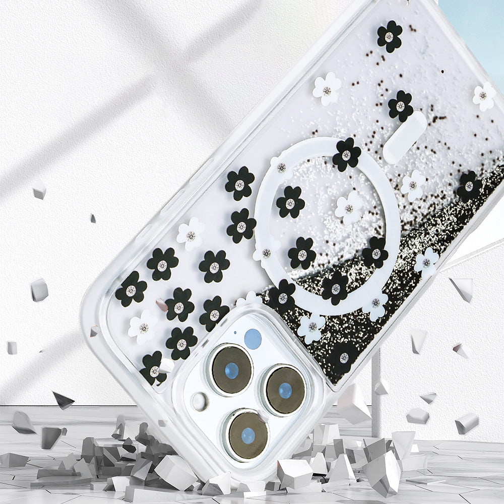 Apple iPhone 15 Pro Max Kılıf Sıvılı Simli Baskılı Şeffaf Arka Yüzey Zore Mossa Silikon Kapak Pembe