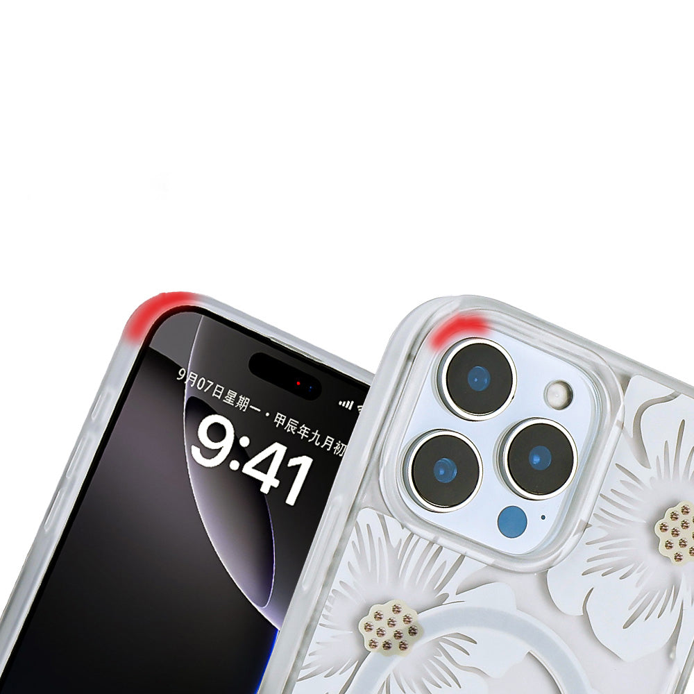 Apple iPhone 15 Pro Max Kılıf Sıvılı Simli Baskılı Şeffaf Arka Yüzey Zore Mossa Silikon Kapak Pembe