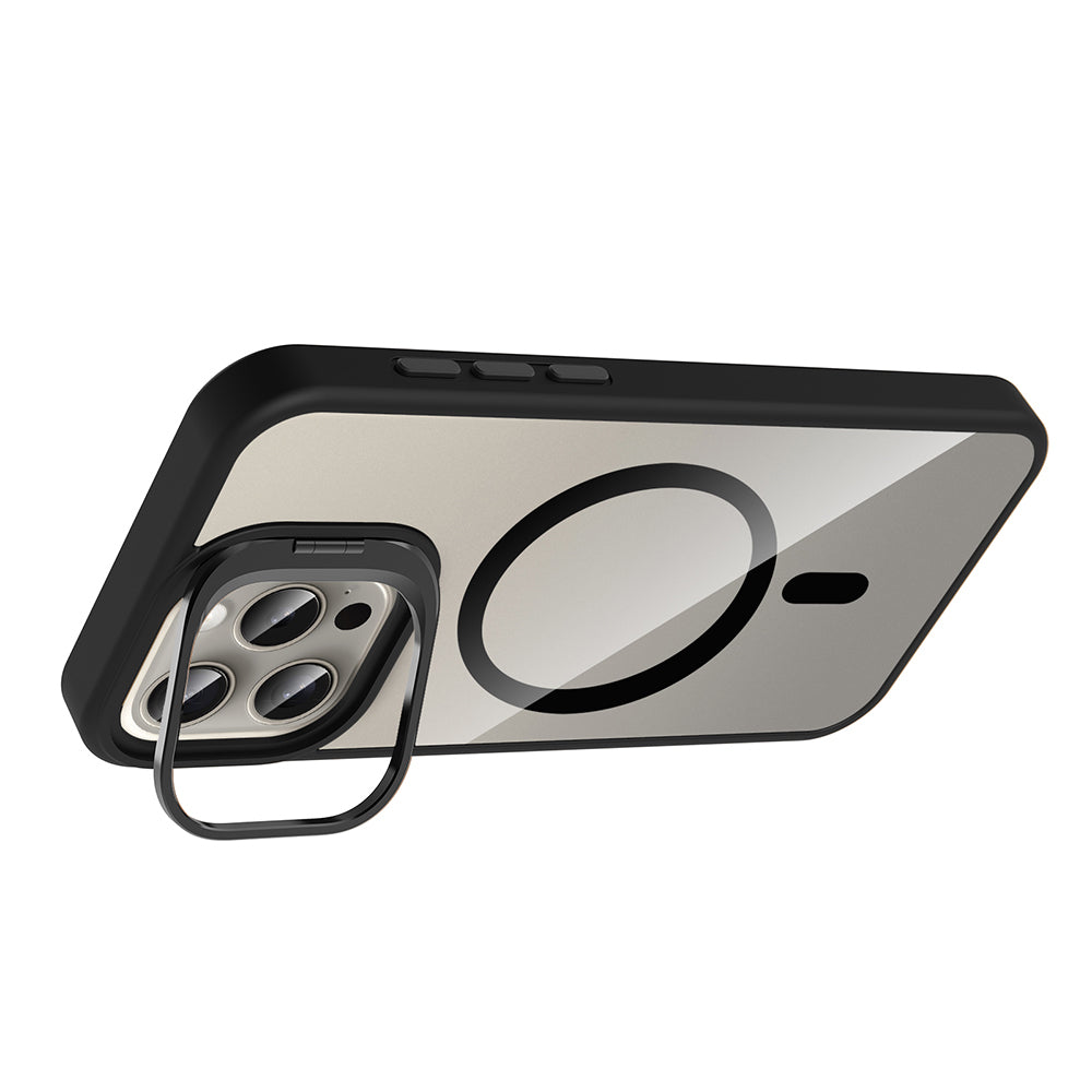 Apple iPhone 15 Pro Max Kılıf Standlı ve Kamera Lens Hediyeli M-Safe Şarj Özellikli Zore Etro Kapak Pembe