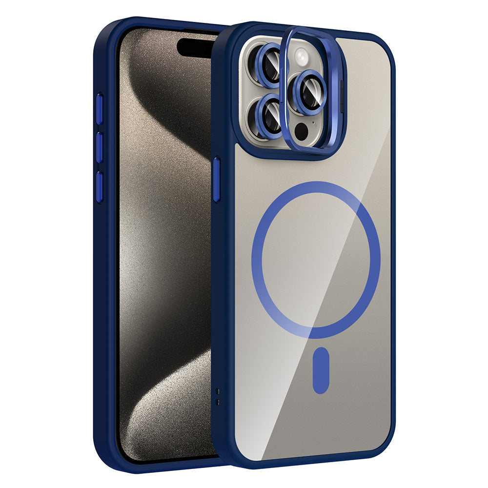 Apple iPhone 15 Pro Max Kılıf Standlı ve Kamera Lens Hediyeli M-Safe Şarj Özellikli Zore Etro Kapak Lacivert