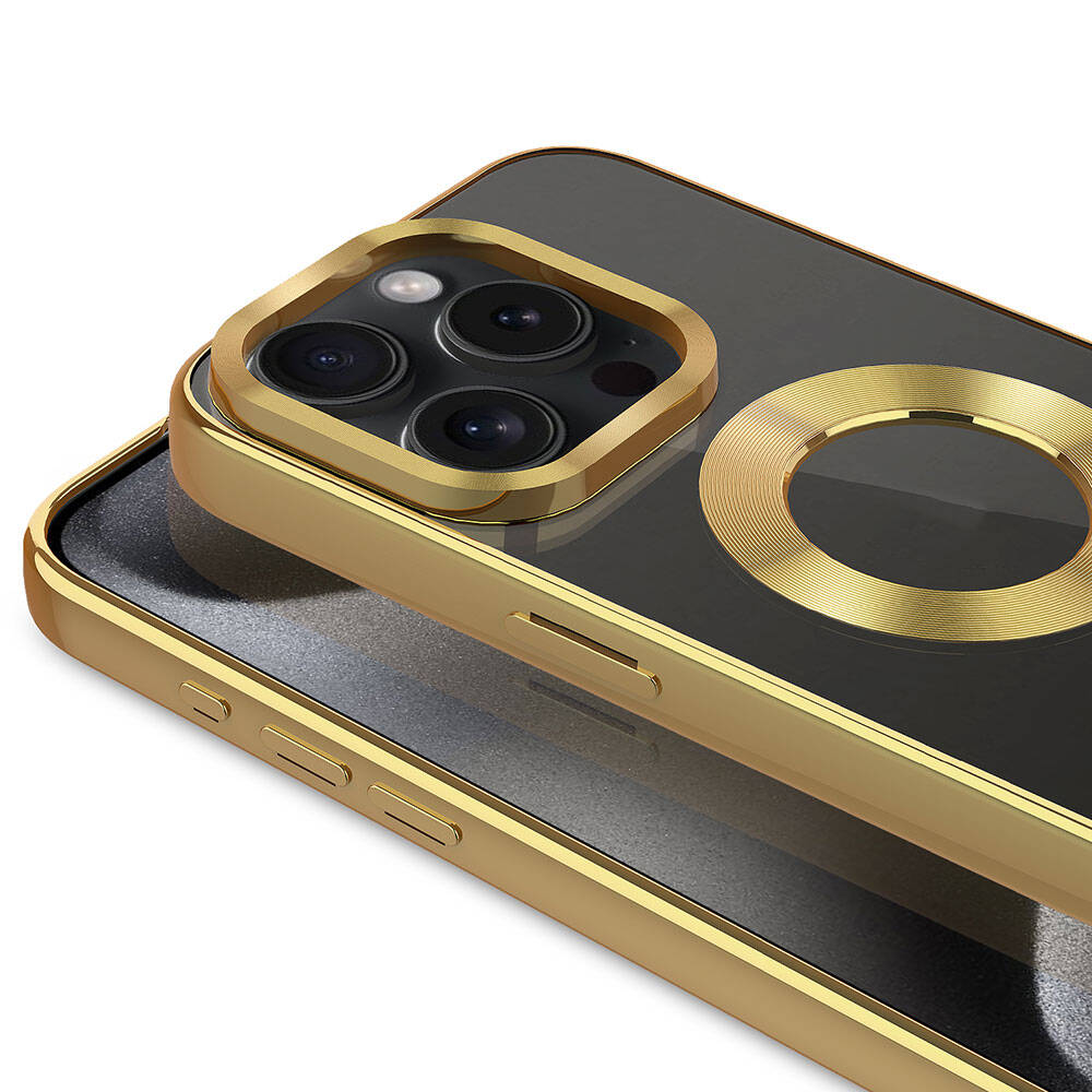 Apple iPhone 15 Pro Max Kılıf Tek Kamera Çerçeveli Logo Gösteren Zore Omega Kapak Gold