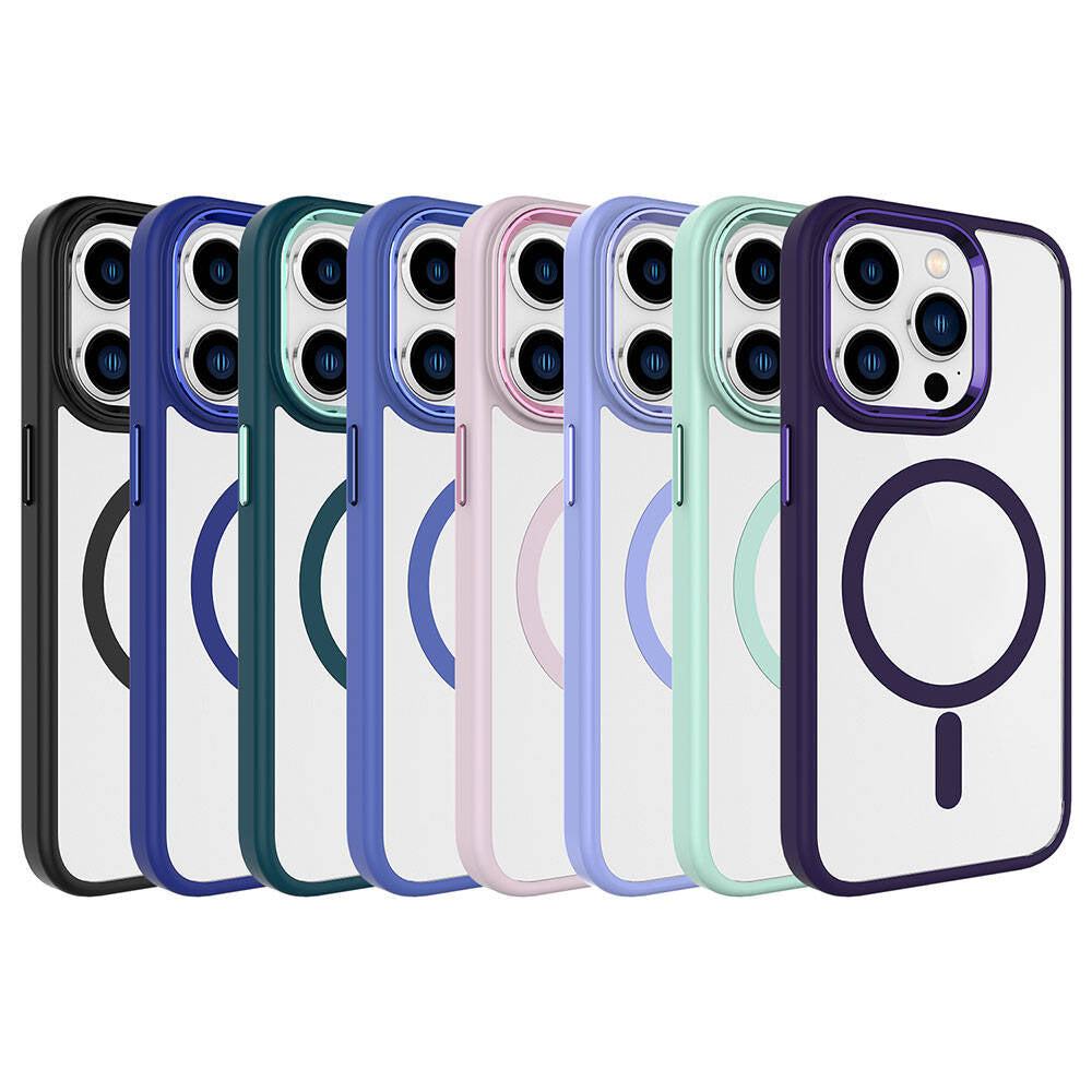 Apple iPhone 15 Pro Max Kılıf Wireless Şarj Özellikli Zore Krom M-safe Silikon Kapak Mavi