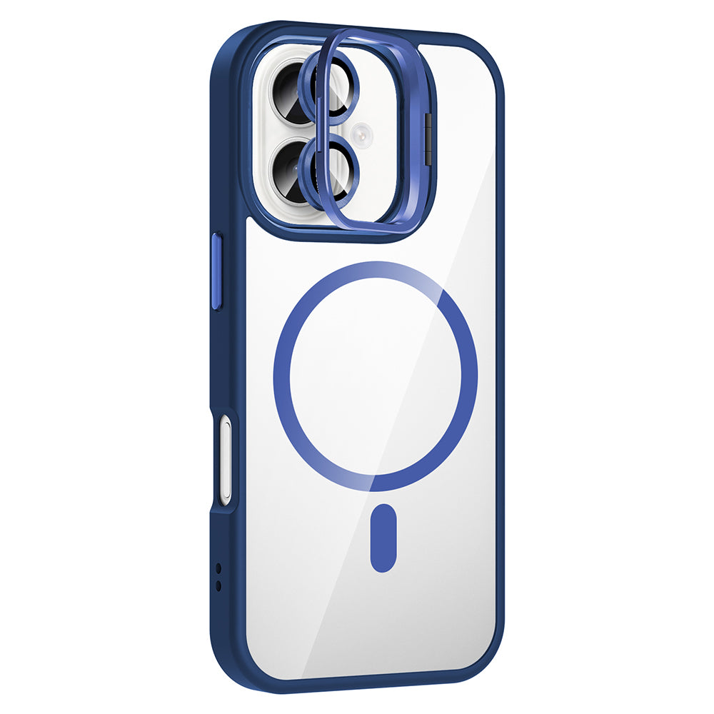 Apple iPhone 16 Kılıf Standlı ve Kamera Lens Hediyeli M-Safe Şarj Özellikli Zore Etro Kapak Lacivert