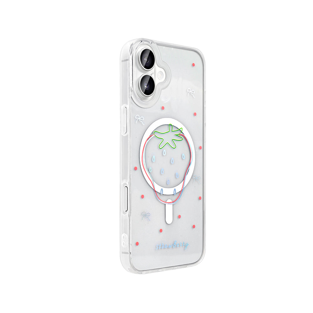 Apple iPhone 16 Plus Kılıf M-Safe Şarj Özellikli Şeffaf Zore Folk Sert Kapak Çilek