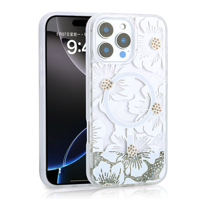 Apple iPhone 16 Pro Kılıf Sıvılı Simli Baskılı Şeffaf Arka Yüzey Zore Mossa Silikon Kapak Sarı