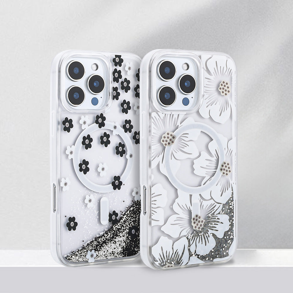 Apple iPhone 16 Pro Kılıf Sıvılı Simli Baskılı Şeffaf Arka Yüzey Zore Mossa Silikon Kapak Sarı