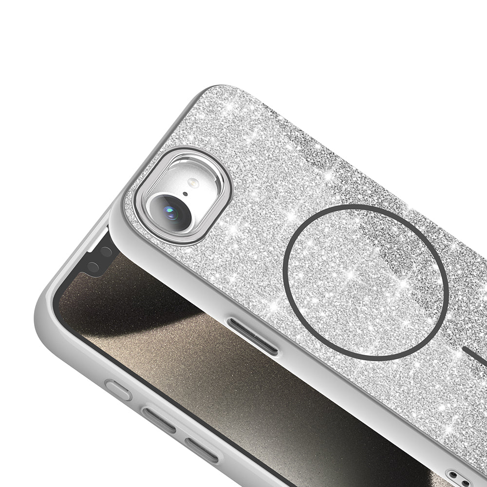 Apple iPhone 16E Kılıf M-safe Şarj Özellikli Parlayan Simli Zore Okso Kapak Beyaz