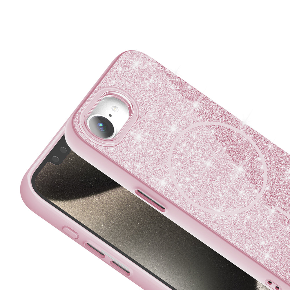 Apple iPhone 16E Kılıf M-safe Şarj Özellikli Parlayan Simli Zore Okso Kapak Beyaz