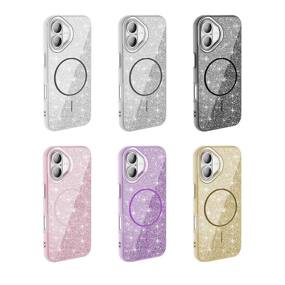 Apple iPhone 17 Kılıf M-safe Şarj Özellikli Parlayan Simli Zore Okso Kapak Pembe