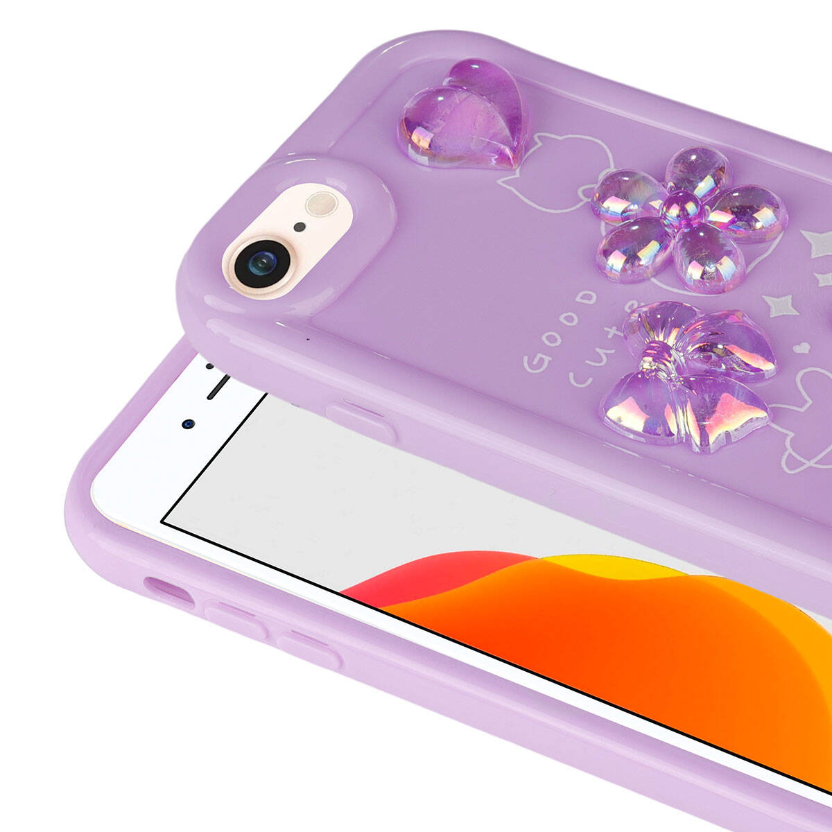 Apple iPhone SE 2022 Kılıf Kabartma Figürlü Parlak Zore Toys Silikon Kapak Mor