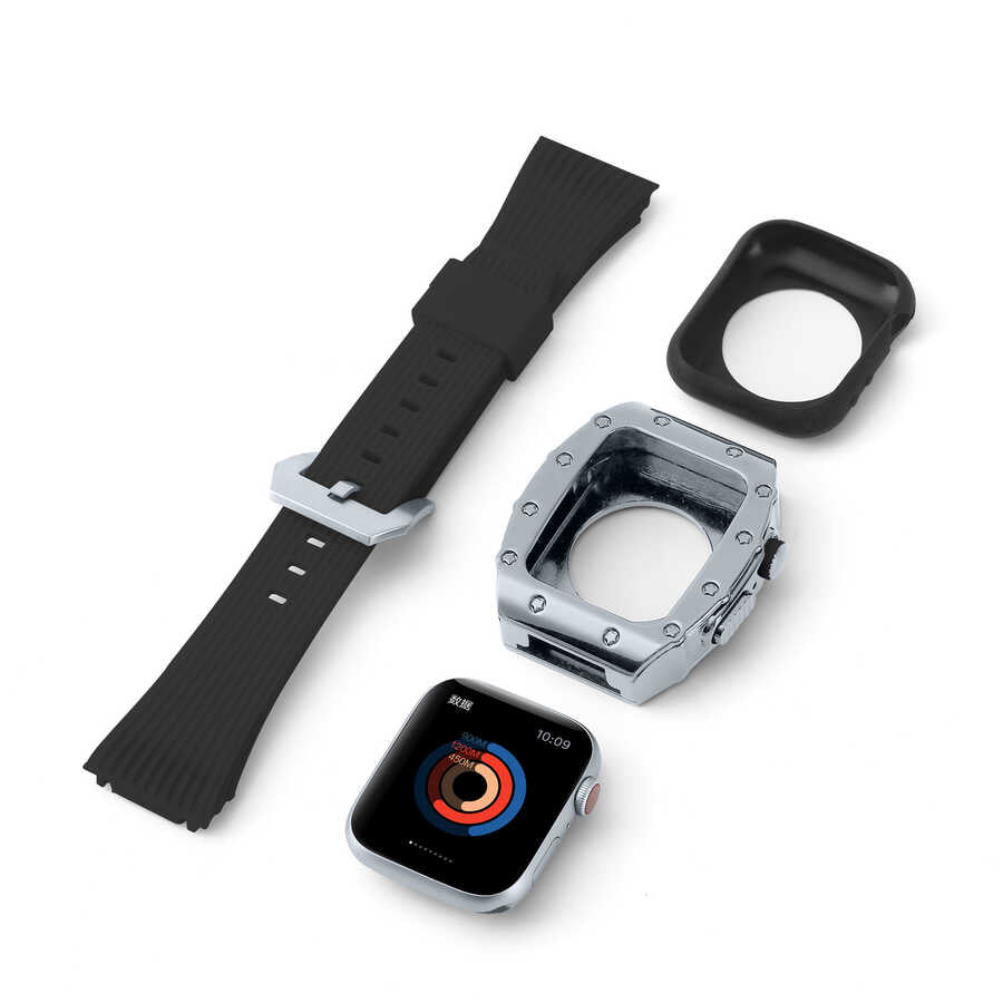 Apple Watch 44mm KRD-65 Kordon Siyah-Gümüş