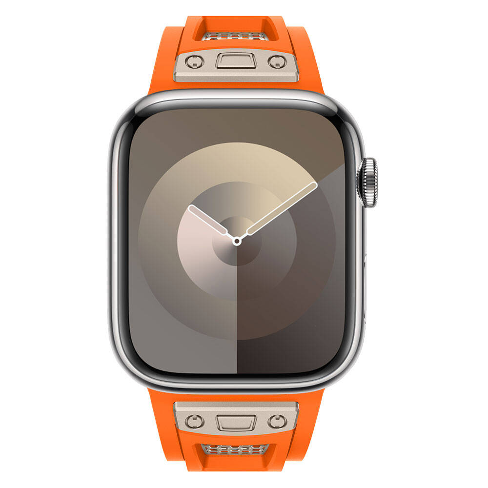 Apple Watch 44mm Zore KRD-117 Hava Alabilen Delikli Metal Süslemeli Desenli Silikon Kordon Titanyum-Yeşil