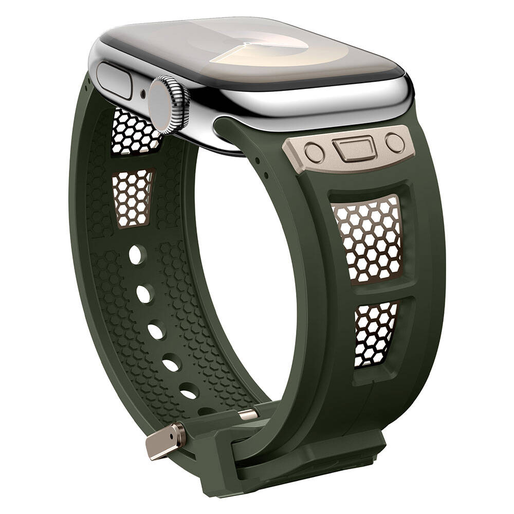 Apple Watch 44mm Zore KRD-117 Hava Alabilen Delikli Metal Süslemeli Desenli Silikon Kordon Titanyum-Starlight