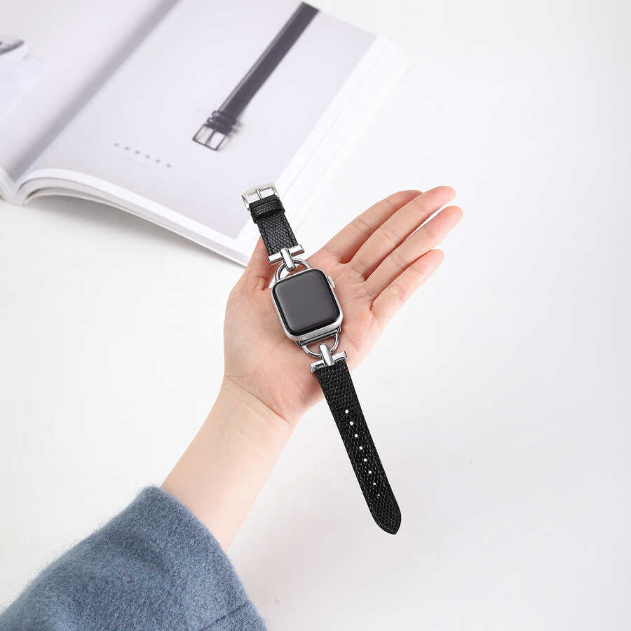 Apple Watch 7 45mm KRD-53 Deri Kordon Siyah-Gold