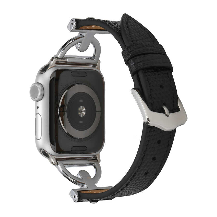 Apple Watch 7 45mm KRD-53 Deri Kordon Siyah-Gümüş