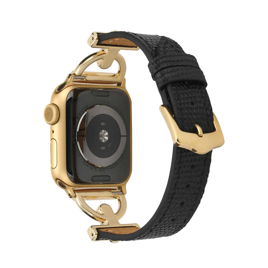 Apple Watch 7 45mm KRD-53 Deri Kordon Siyah-Gümüş