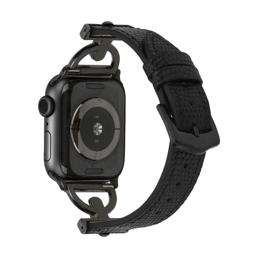 Apple Watch 7 45mm KRD-53 Deri Kordon Siyah-Gold