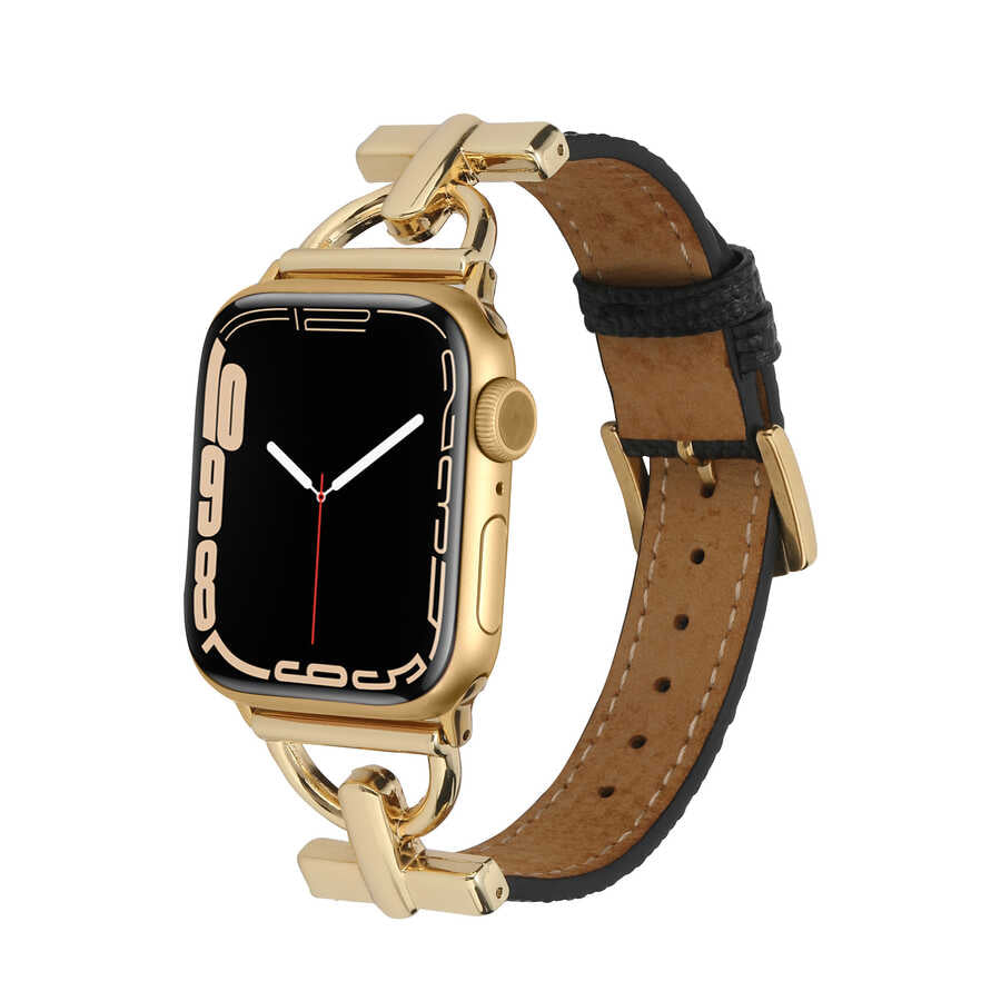 Apple Watch 7 45mm KRD-53 Deri Kordon Siyah-Gold