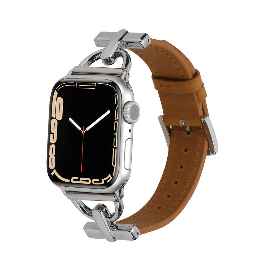 Apple Watch 7 45mm KRD-53 Deri Kordon Siyah-Gold