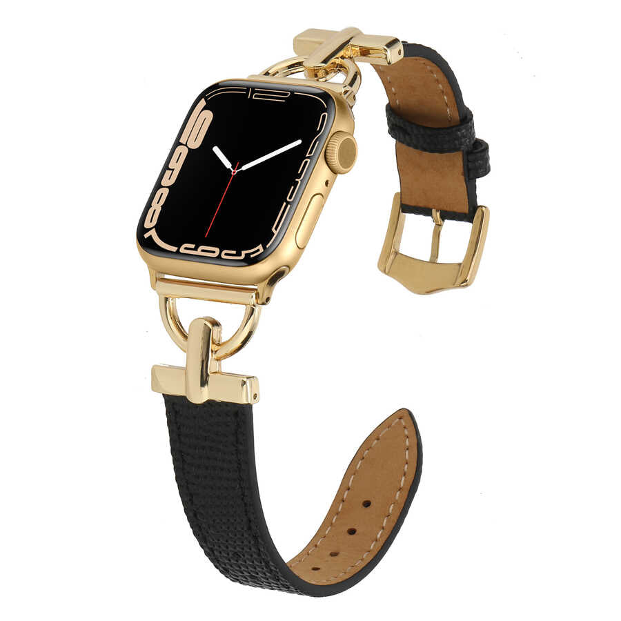 Apple Watch 7 45mm KRD-53 Deri Kordon Siyah-Gold